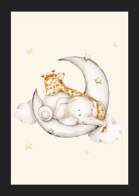 Acuarelă cu elefant și girafă dormind pe semilună printre stele-5