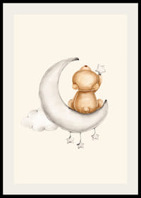 Akvarel medvedíka na polmesiaci s hviezdami a oblakmi-2