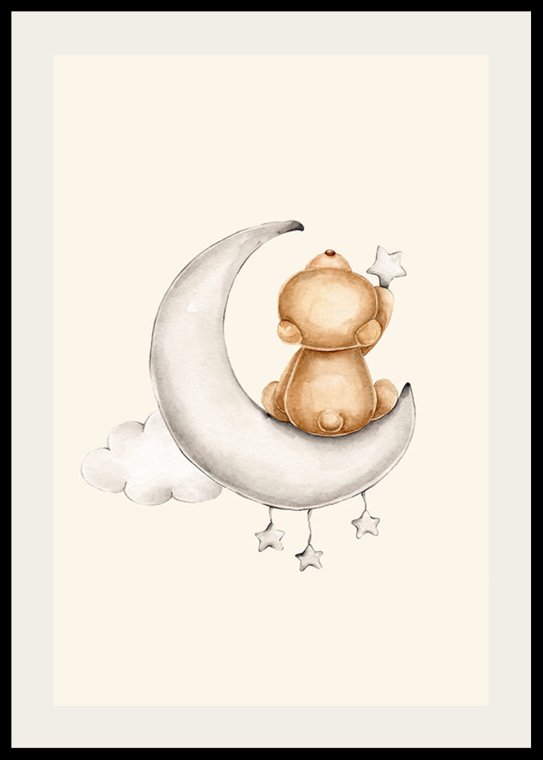 Akvarel medvedíka na polmesiaci s hviezdami a oblakmi-12