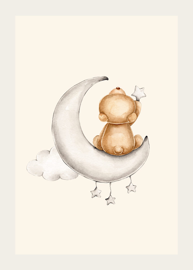 Akvarel medvedíka na polmesiaci s hviezdami a oblakmi-12