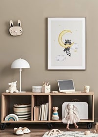 Watercolor illustration of raccoon hanging on a yellow moon-8