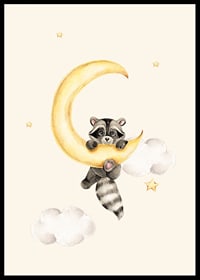 Watercolor illustration of raccoon hanging on a yellow moon-6