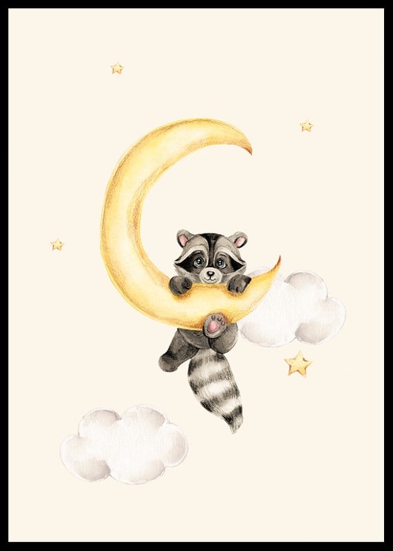 Watercolor illustration of raccoon hanging on a yellow moon-12