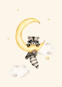 Watercolor illustration of raccoon hanging on a yellow moon-7