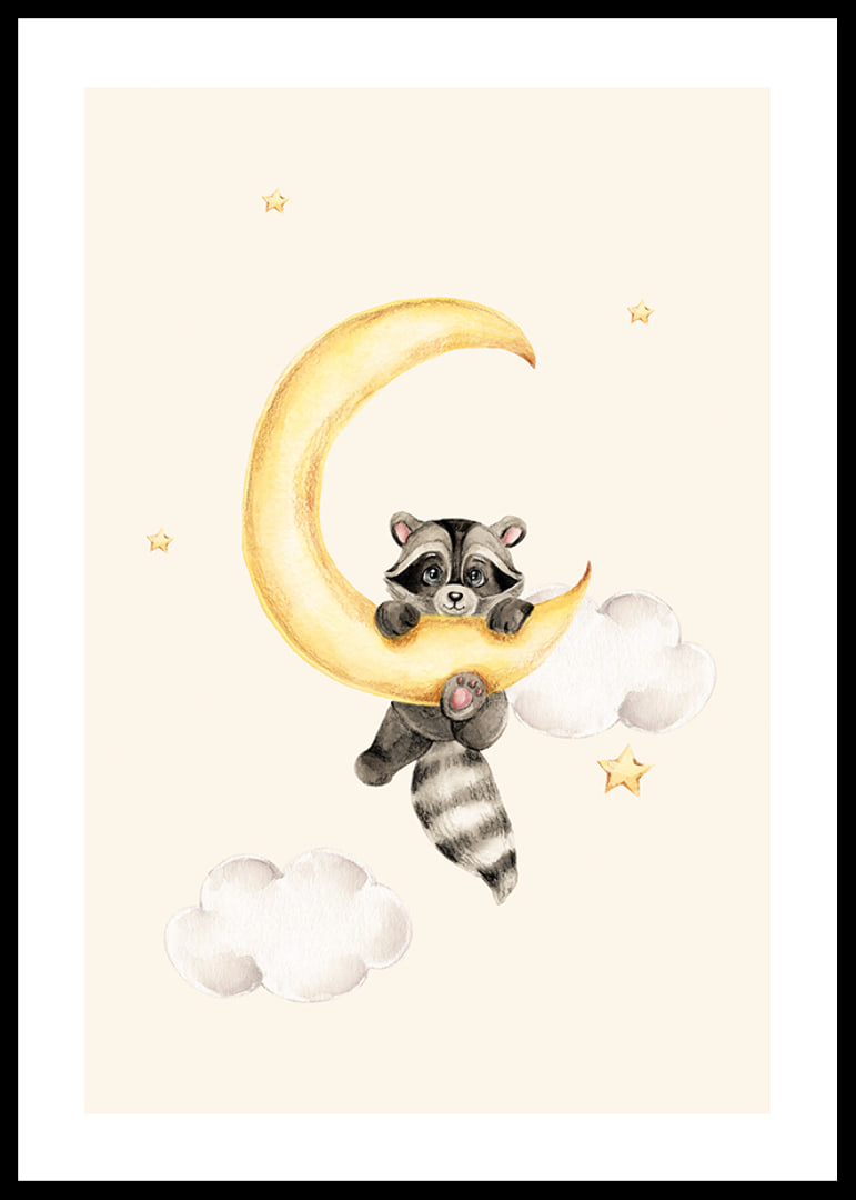 Watercolor illustration of raccoon hanging on a yellow moon-12