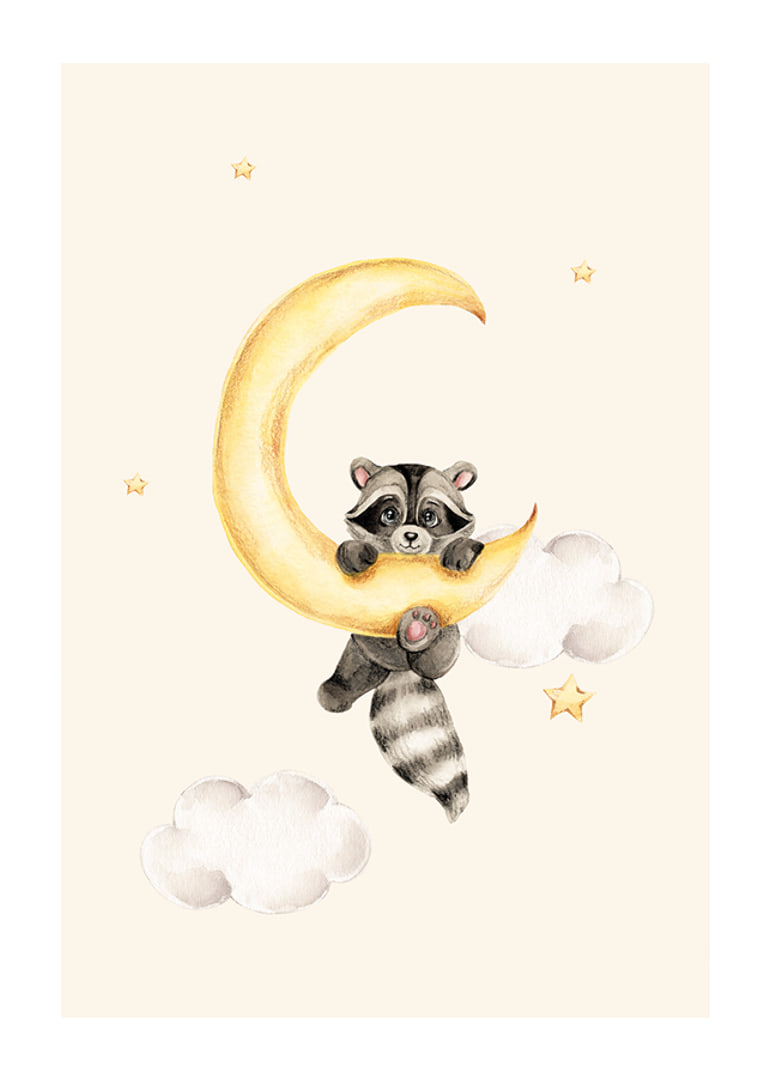 Watercolor illustration of raccoon hanging on a yellow moon-12