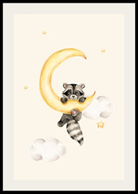 Watercolor illustration of raccoon hanging on a yellow moon-2