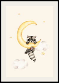 Akvarell illusztráció mosómedvéről, amely egy sárga Holdon lóg-2