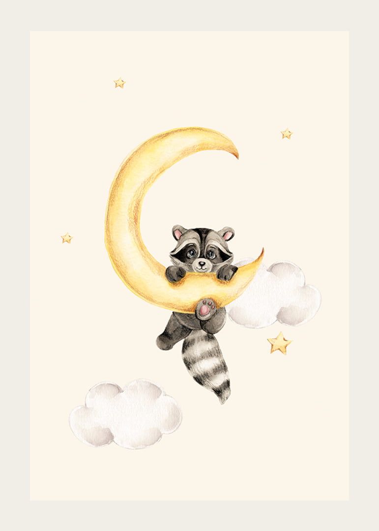 Watercolor illustration of raccoon hanging on a yellow moon-12