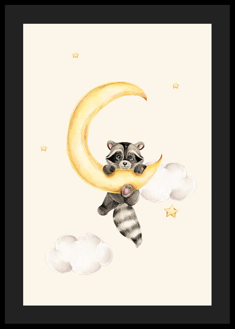 Akvarell illusztráció mosómedvéről, amely egy sárga Holdon lóg-12