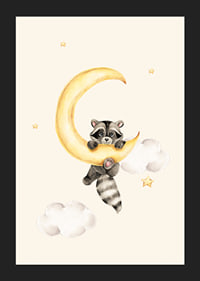 Watercolor illustration of raccoon hanging on a yellow moon-5