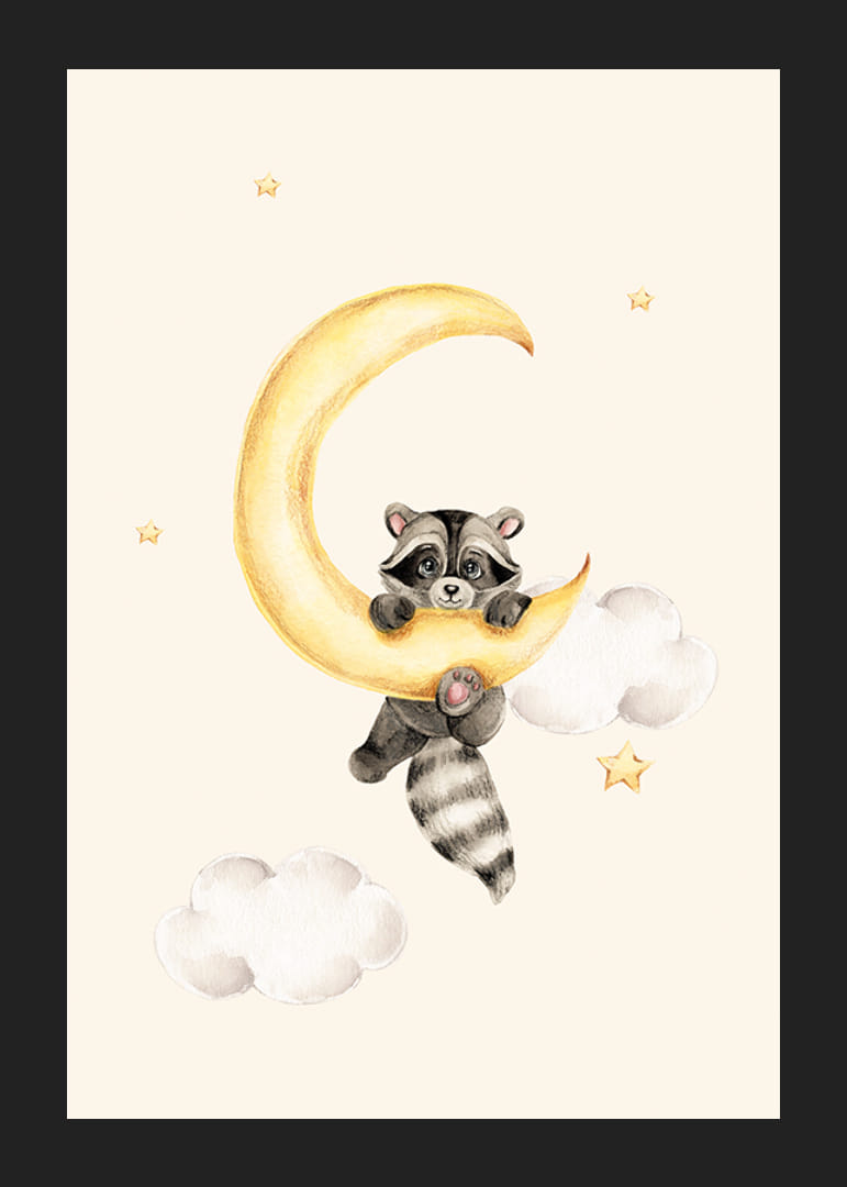 Akvarell illusztráció mosómedvéről, amely egy sárga Holdon lóg-12