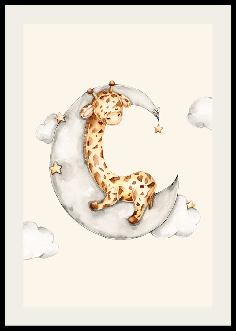 Illustration à l'aquarelle d'une girafe endormie sur un croissant de lune parmi les nuages-12