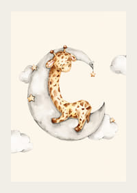 Illustration à l'aquarelle d'une girafe endormie sur un croissant de lune parmi les nuages-3