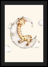 Illustration à l'aquarelle d'une girafe endormie sur un croissant de lune parmi les nuages-4