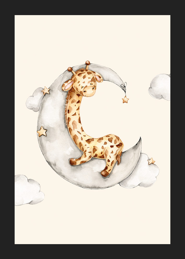 Illustration à l'aquarelle d'une girafe endormie sur un croissant de lune parmi les nuages-12