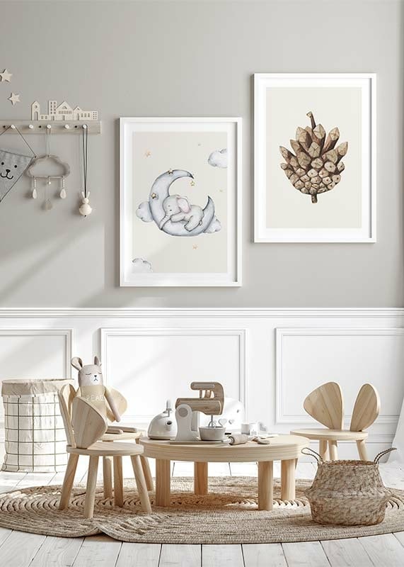 Watercolor illustration of sleeping elephant on crescent moon among stars-12