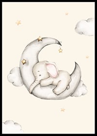 Watercolor illustration of sleeping elephant on crescent moon among stars-6