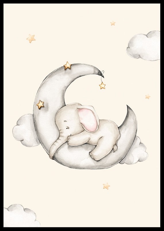 Watercolor illustration of sleeping elephant on crescent moon among stars-12