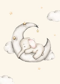 Watercolor illustration of sleeping elephant on crescent moon among stars-7