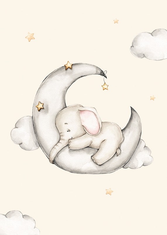 Watercolor illustration of sleeping elephant on crescent moon among stars-12