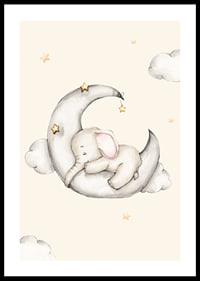 Watercolor illustration of sleeping elephant on crescent moon among stars-0