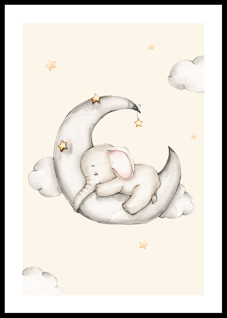 Watercolor illustration of sleeping elephant on crescent moon among stars-12