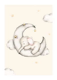 Watercolor illustration of sleeping elephant on crescent moon among stars-1