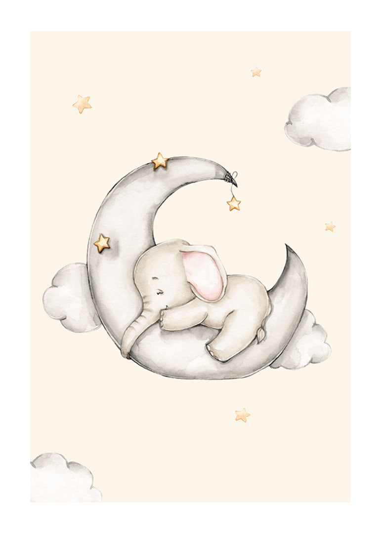 Watercolor illustration of sleeping elephant on crescent moon among stars-12