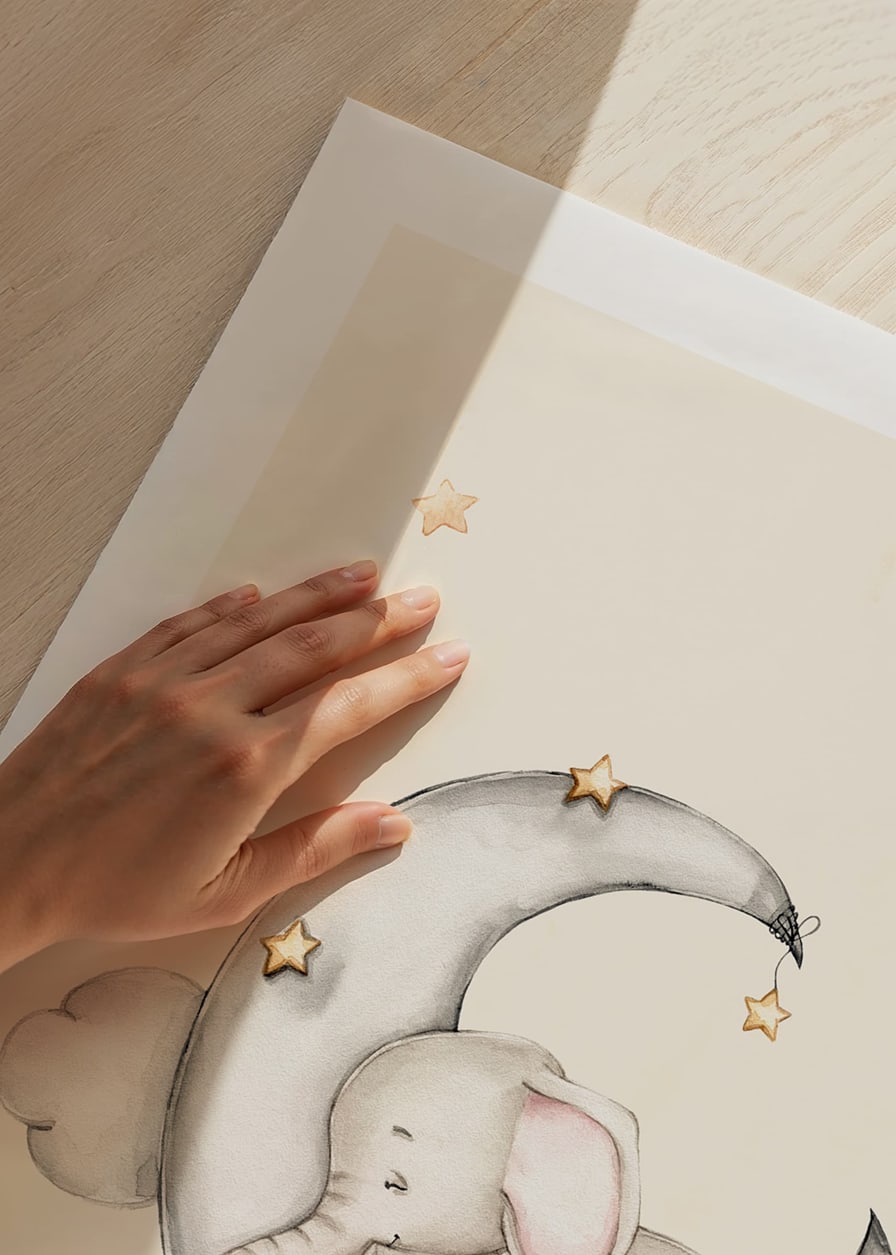 Watercolor illustration of sleeping elephant on crescent moon among stars-12
