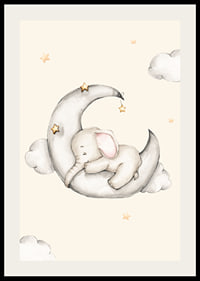 Watercolor illustration of sleeping elephant on crescent moon among stars-2