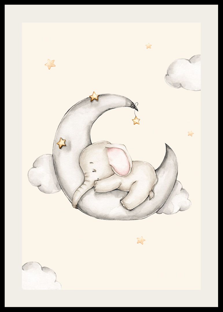 Watercolor illustration of sleeping elephant on crescent moon among stars-12