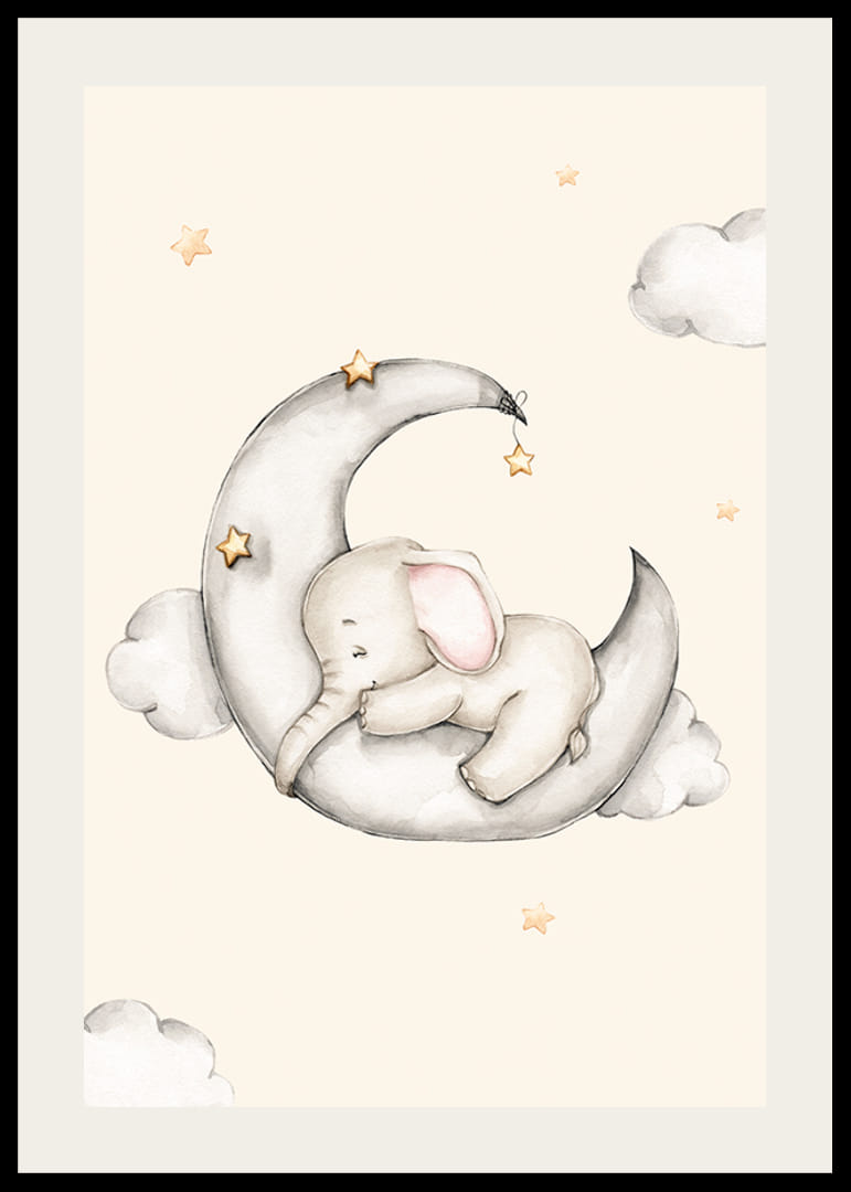 Akvarell illusztráció alvó elefántról a félholdon a csillagok között-12