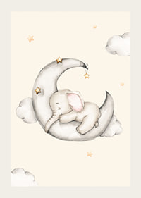 Watercolor illustration of sleeping elephant on crescent moon among stars-3