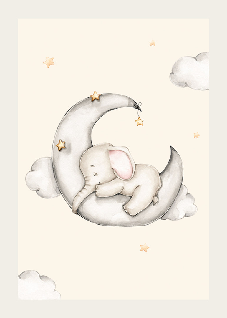 Watercolor illustration of sleeping elephant on crescent moon among stars-12