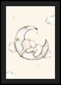 Watercolor illustration of sleeping elephant on crescent moon among stars-4