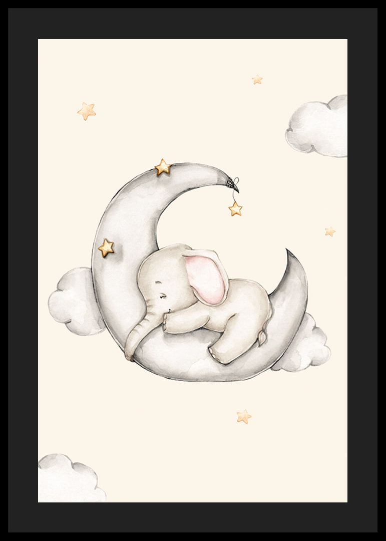 Watercolor illustration of sleeping elephant on crescent moon among stars-12