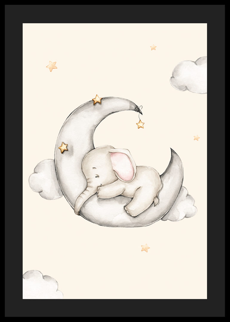 Akvarell illusztráció alvó elefántról a félholdon a csillagok között-12