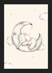Watercolor illustration of sleeping elephant on crescent moon among stars-5