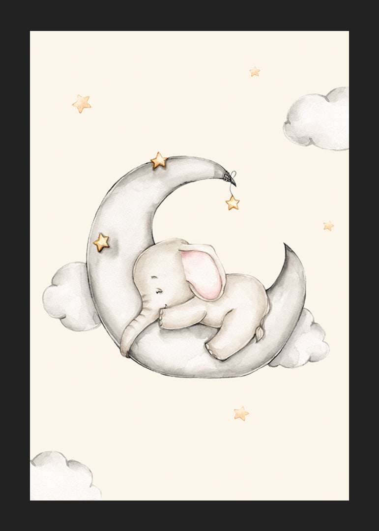 Watercolor illustration of sleeping elephant on crescent moon among stars-12