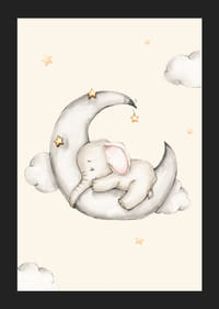 Akvarell illusztráció alvó elefántról a félholdon a csillagok között-5