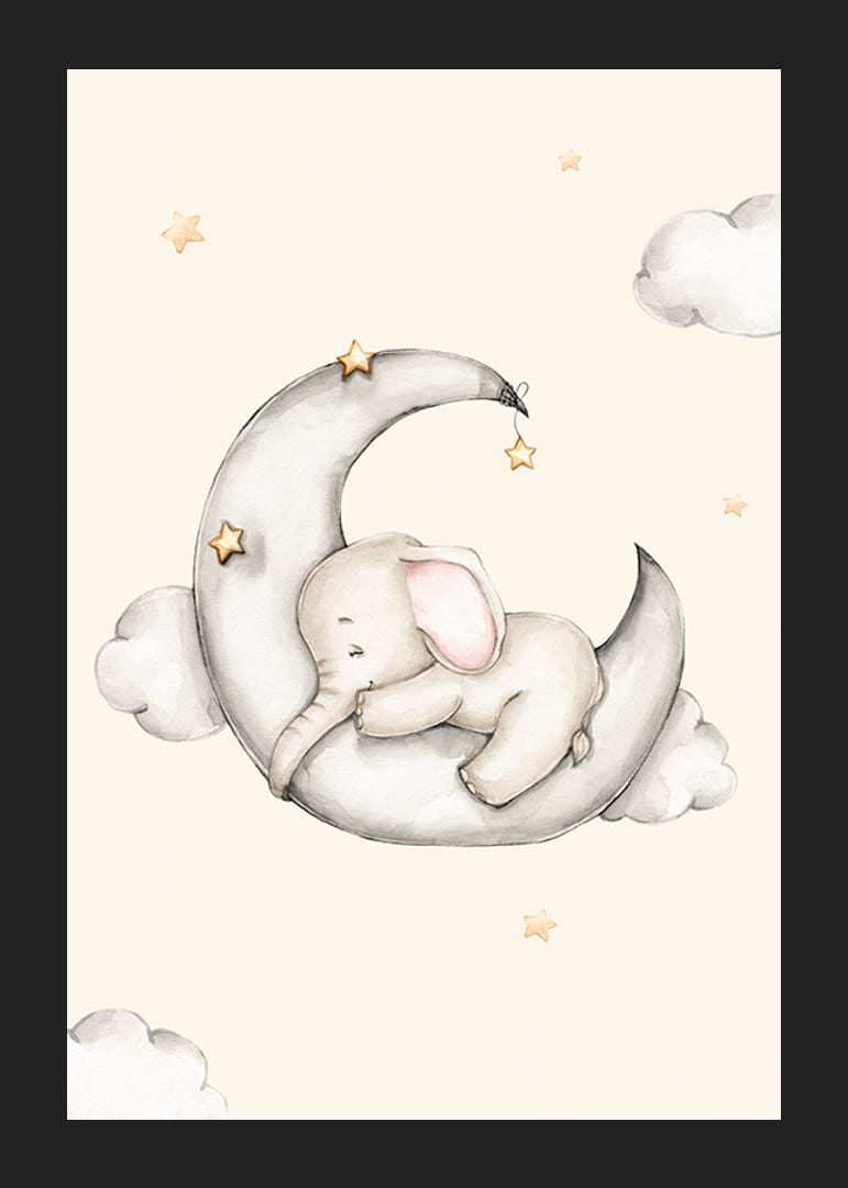 Akvarell illusztráció alvó elefántról a félholdon a csillagok között-12