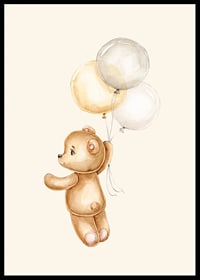 Watercolor illustration of teddy bear floating with balloons-6