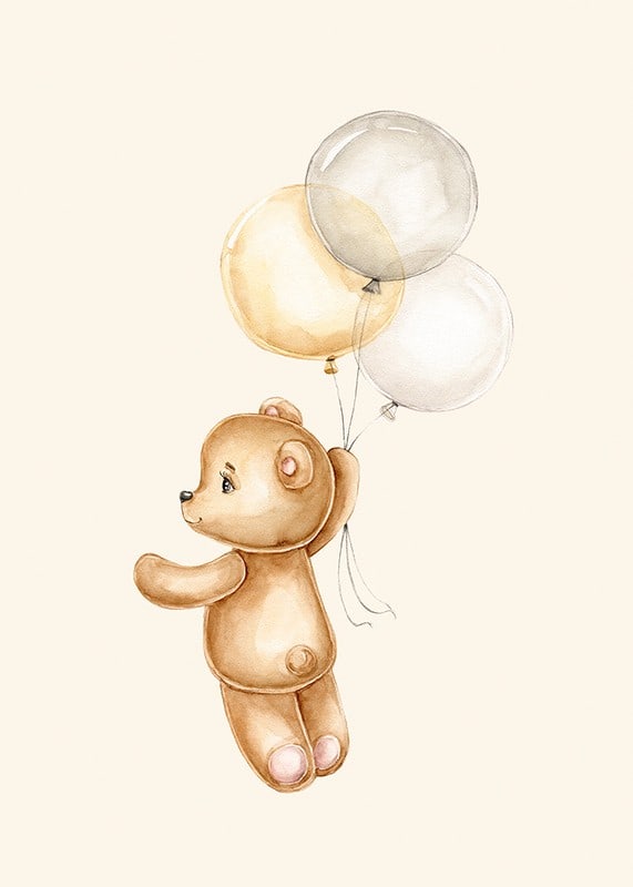 Watercolor illustration of teddy bear floating with balloons-12