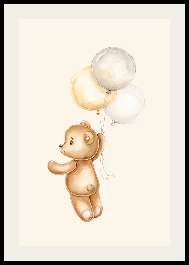 Watercolor illustration of teddy bear floating with balloons-12