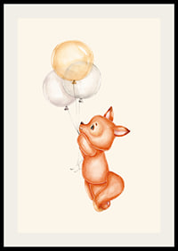 Watercolor illustration of little fox holding three balloons-2
