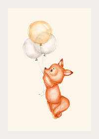 Akvarell illusztrációja egy kis róka három lufit tart-3