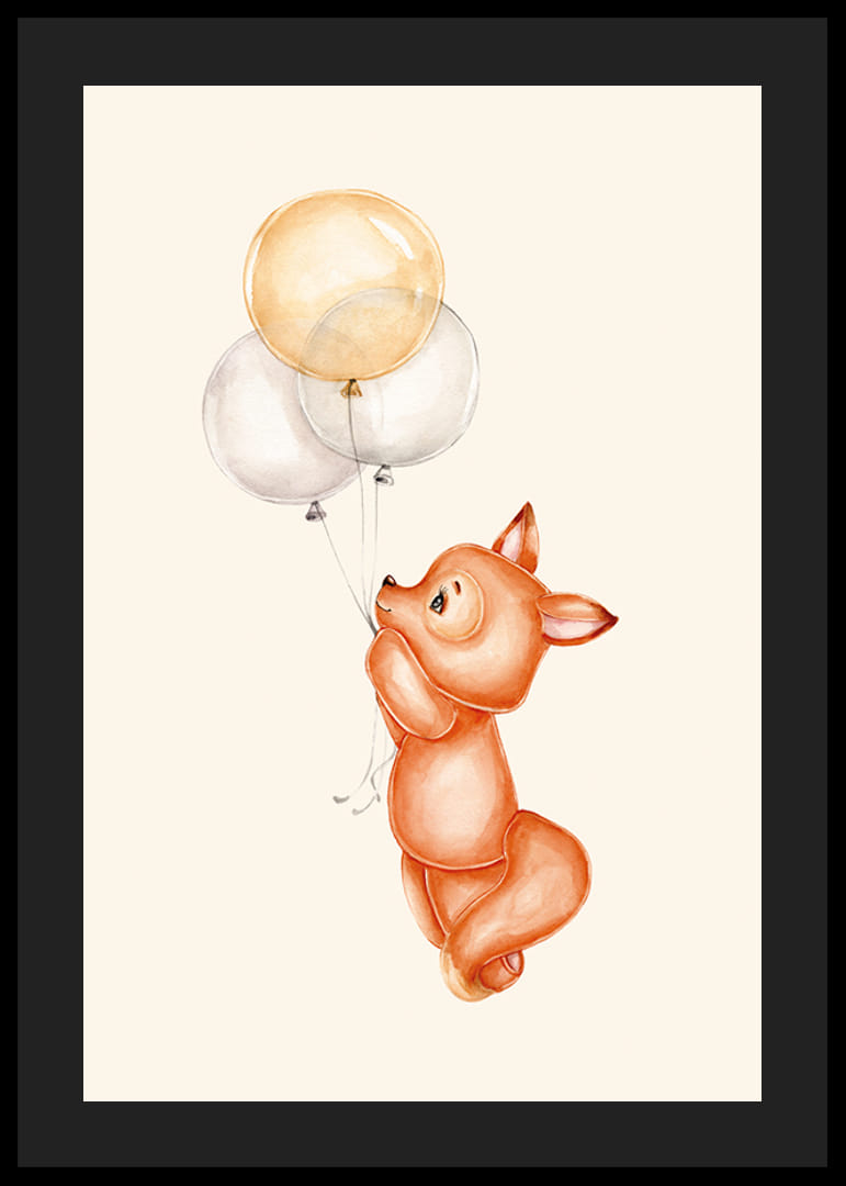 Akvarell illusztrációja egy kis róka három lufit tart-12