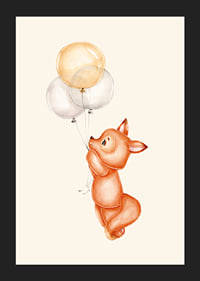 Watercolor illustration of little fox holding three balloons-5