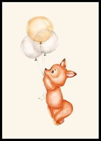 Watercolor illustration of little fox holding three balloons-6